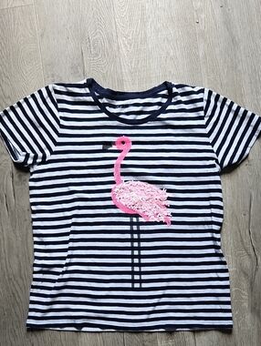 🦩J. Crew Navy & White Striped Tee with Pink Sequin Flamingo 🦩